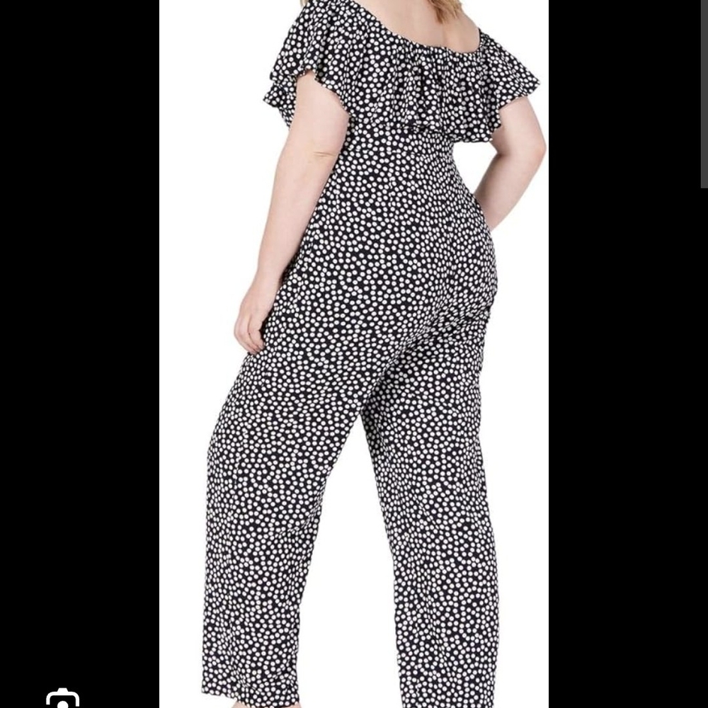 Betsey Johnson Off-the-Shoulder Navy and White Polka Dot Jumpsuit
